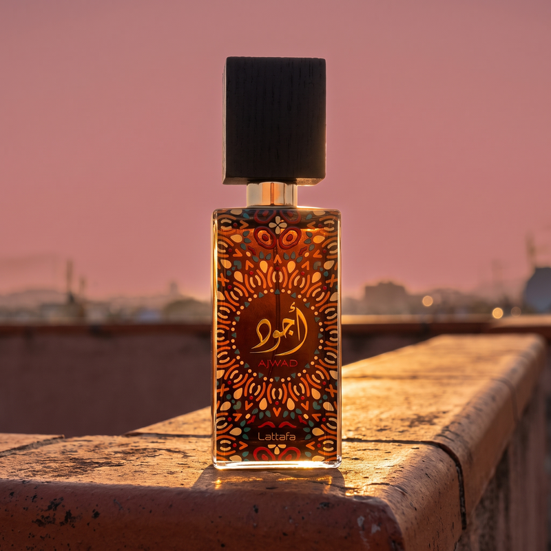 Lattafa Ajwad on a rooftop at golden hour