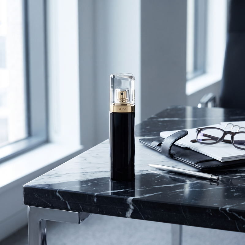 Hugo Boss Nuit on a black and white office desk