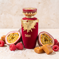 Lattafa Sakeena with passion fruit, raspberries, toffee and sea salt