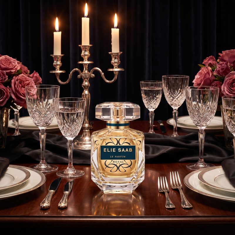 Elie Saab Le Parfum Royal on a black-tie dinner table