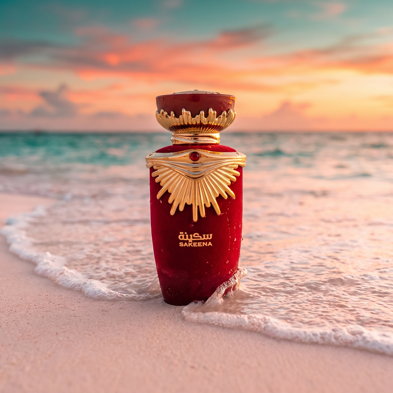 Lattafa Sakeena on pink sand at sunset