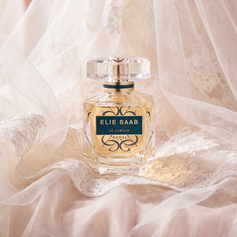 Elie Saab Le Parfum Royal among ivory tulle and lace