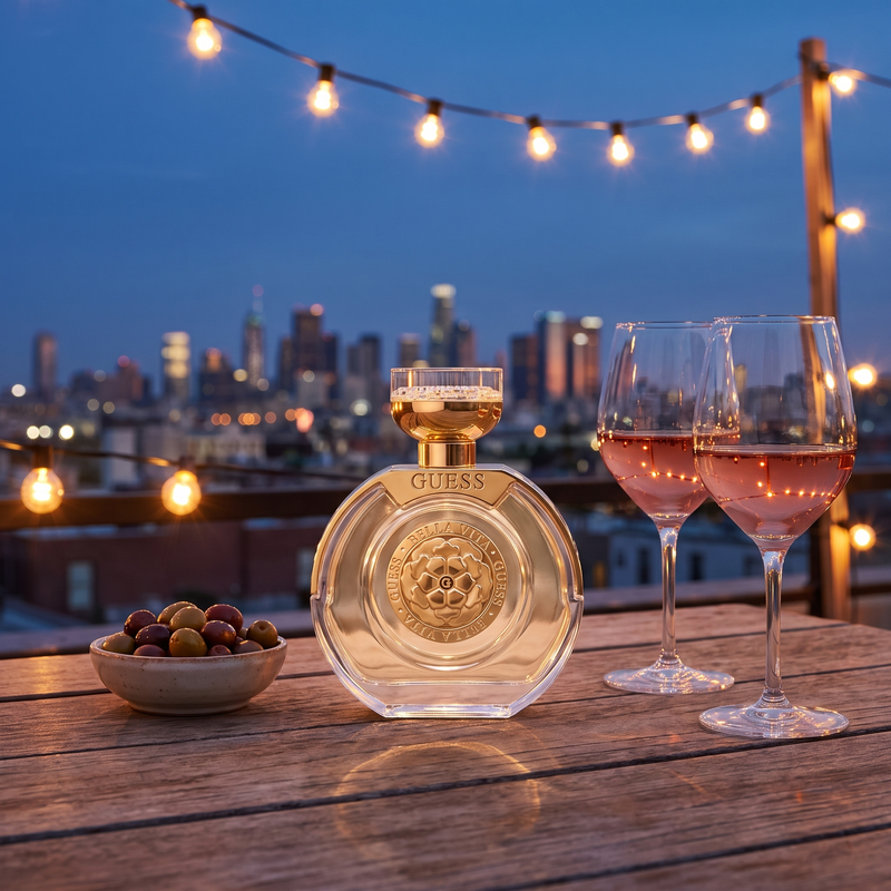Guess Bella Vita on a rooftop table at dusk