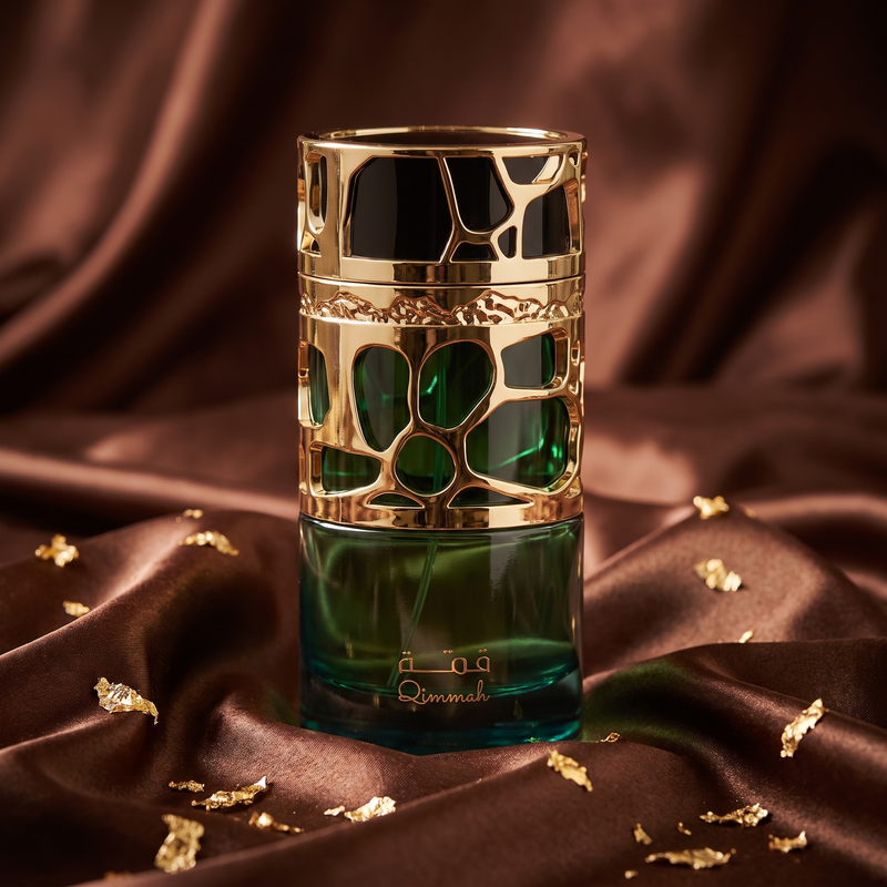 Lattafa Qimmah on chocolate satin with gold leaf