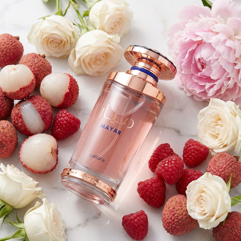 Lattafa Mayar with litchi, raspberries, white rose and peony