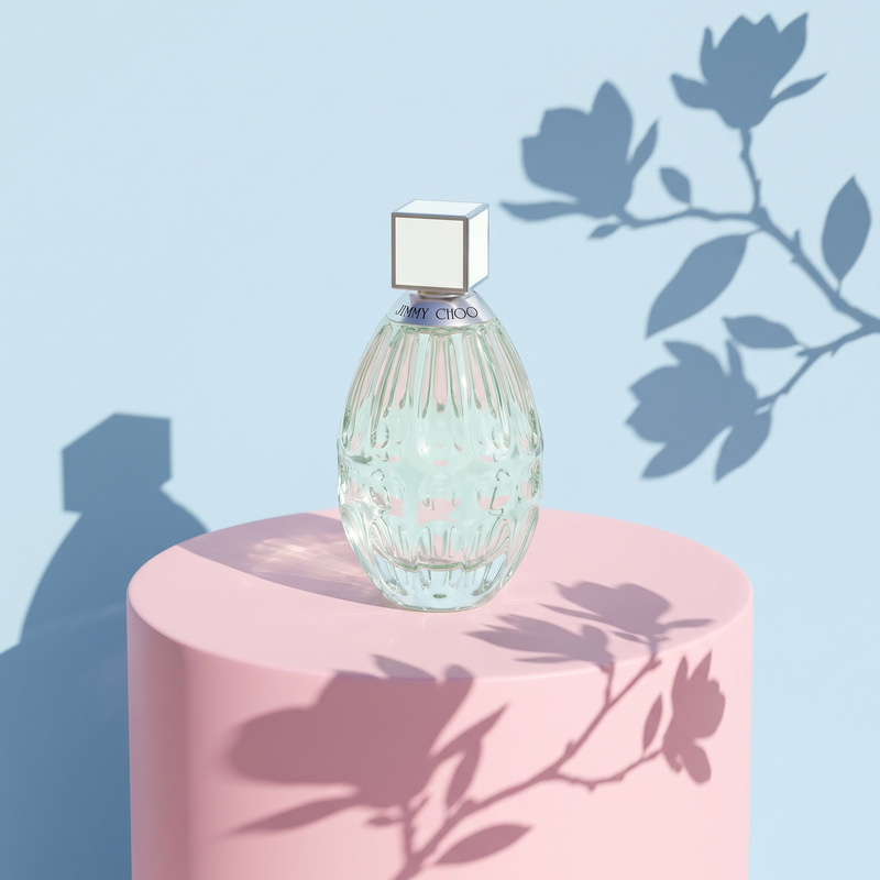 Jimmy Choo Floral on a pastel plinth with magnolia shadow