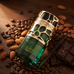 Lattafa Qimmah with coffee beans, almonds, chocolate and vanilla