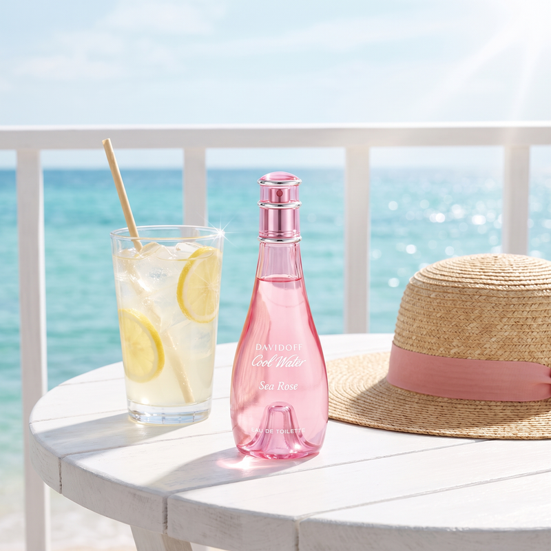 Davidoff Cool Water Sea Rose at a seaside cafe on a summer day