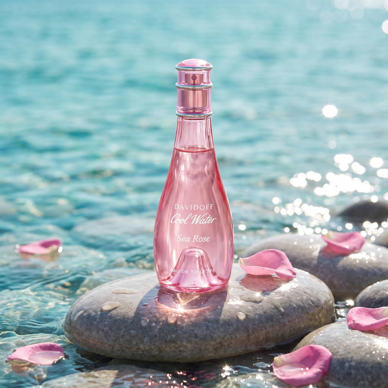 Davidoff Cool Water Sea Rose on a wet pebble at the sea's edge