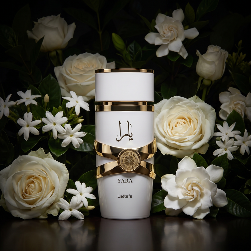 Lattafa Yara Moi before a wall of white flowers at night
