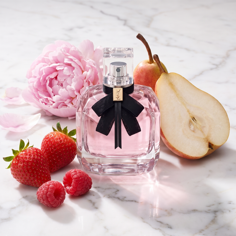 YSL Mon Paris with strawberries, raspberries, pear and peony