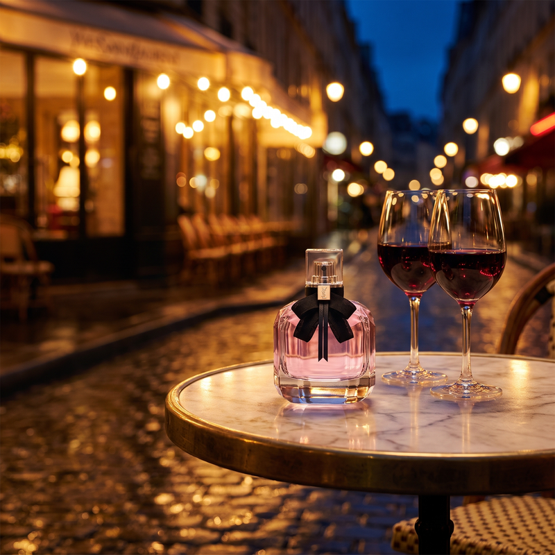 YSL Mon Paris at a Parisian cafe on date night