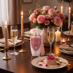 Lattafa Mohra Silky Rose on a candlelit dinner table for two