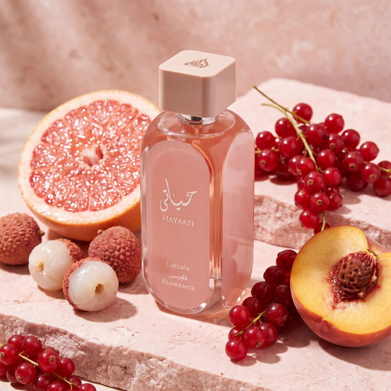 Lattafa Hayaati Florence with lychee, grapefruit, red currants and peach