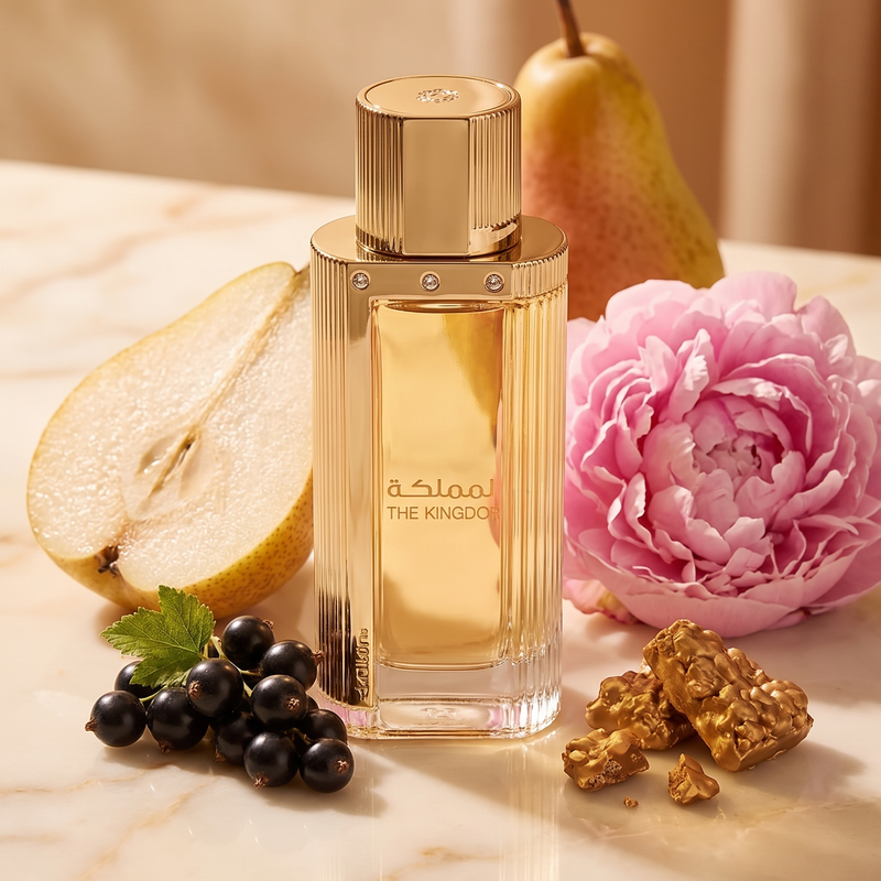 Lattafa The Kingdom with pear, peony, blackcurrant and praline