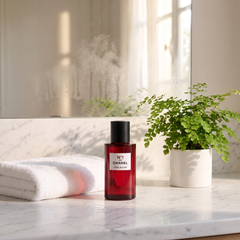 N1 de Chanel L'Eau Rouge on a bathroom counter after a shower