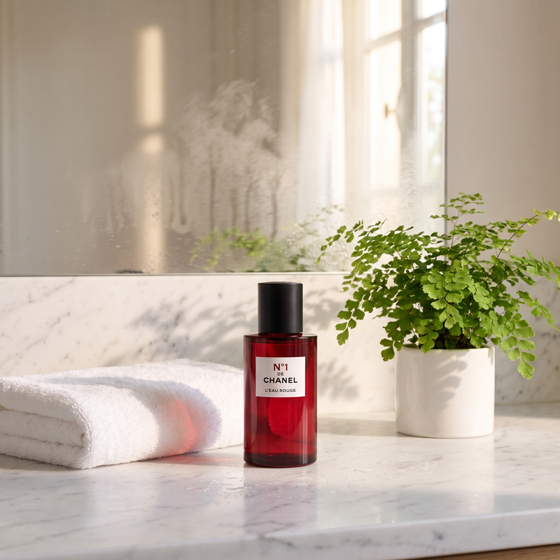 N1 de Chanel L'Eau Rouge on a bathroom counter after a shower