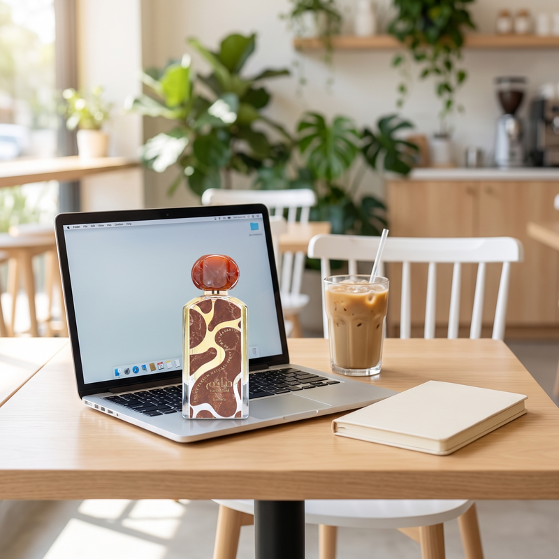 Lattafa Hayaatim on a cafe table for an everyday workday