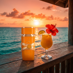 Lattafa Yara Tous at a beach bar at sunset