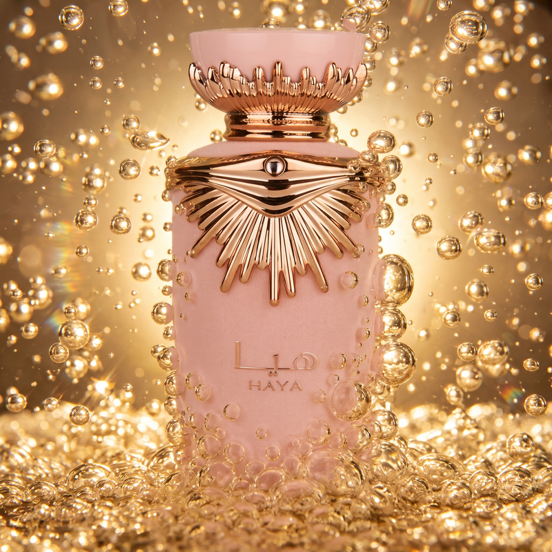 Lattafa Haya in golden champagne bubbles