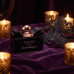 Ferragamo Signorina Misteriosa with a lace mask for an evening out