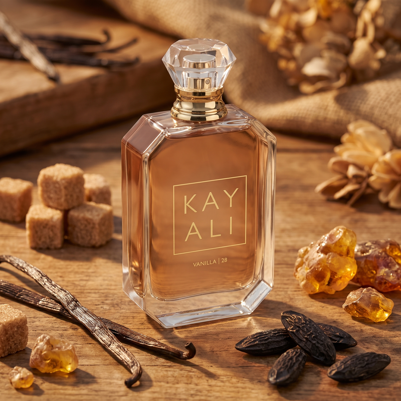 Kayali Vanilla 28 with vanilla pods, brown sugar, tonka and amber
