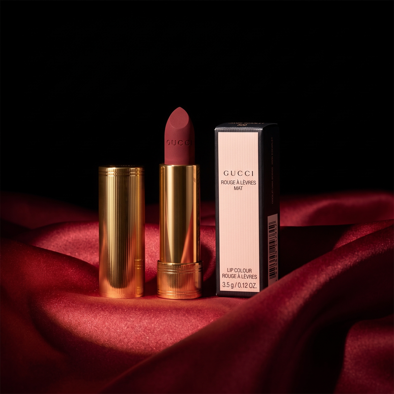 Gucci Mat 509 Janie Scarlet lipstick editorial still life