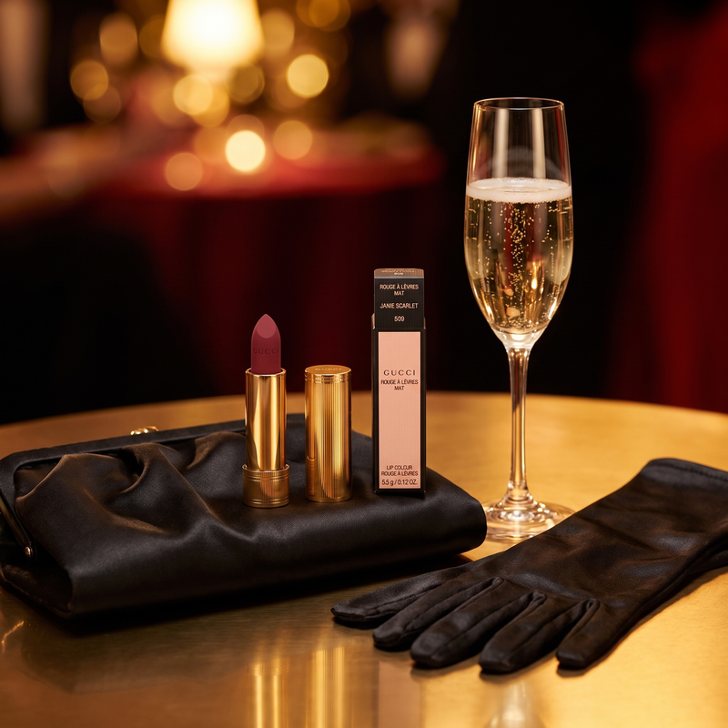 Gucci Mat 509 Janie Scarlet lipstick in an everyday-to-evening setting