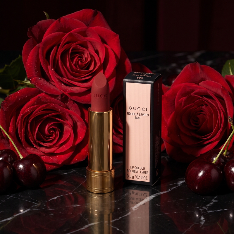 Gucci Mat 509 Janie Scarlet lipstick in a luxury scene