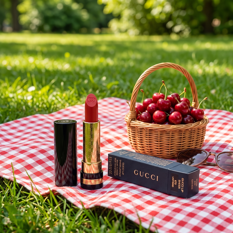 Gucci Sheer Lipstick 670 Ladybird in an everyday-to-evening setting