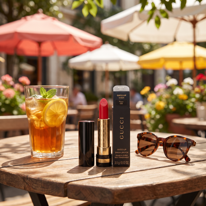 Gucci Sheer Lipstick 660 Poppy in an everyday-to-evening setting