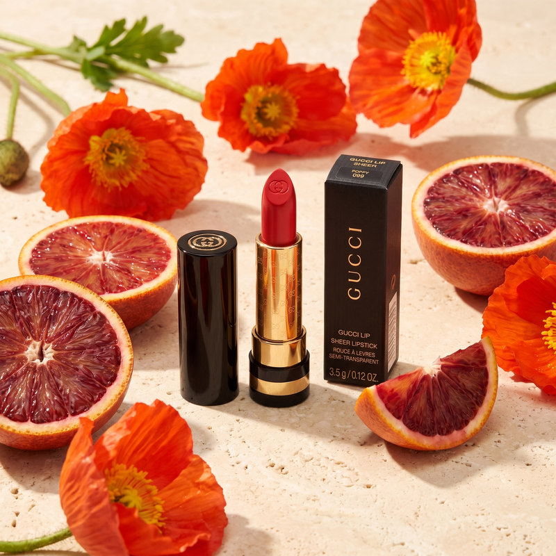 Gucci Sheer Lipstick 660 Poppy in a luxury scene