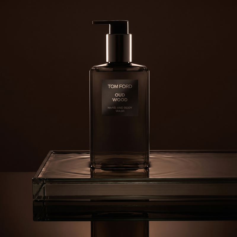 Tom Ford Oud Wood Hand and Body Wash on smoked glass