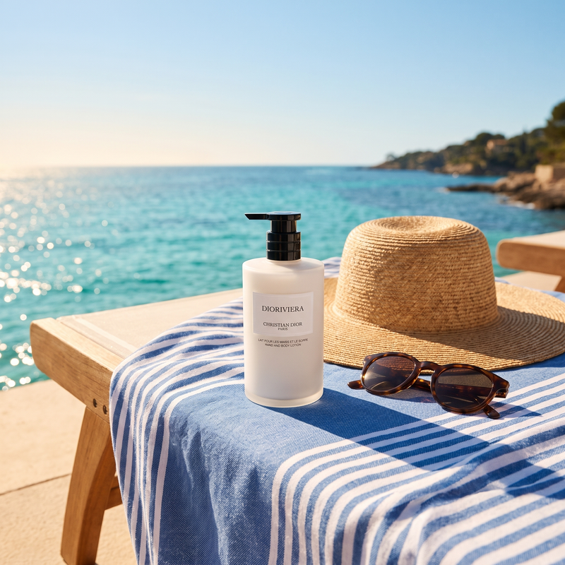 Dior Dioriviera Hand and Body Lotion on a Riviera beach lounger in summer