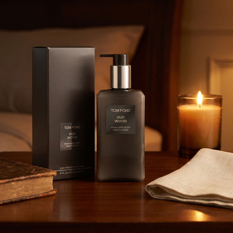 Tom Ford Oud Wood Hand and Body Moisturizer on a bedside table after an evening shower