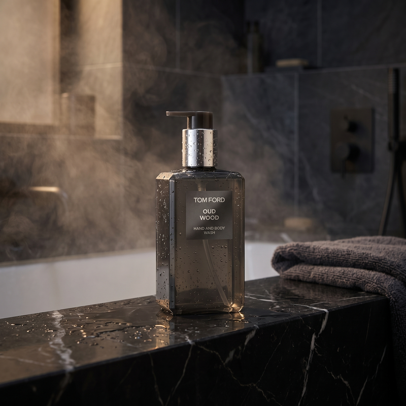 Tom Ford Oud Wood Hand and Body Wash on an evening shower ledge