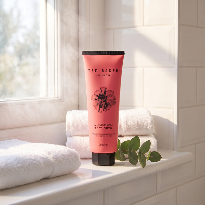 Ted Baker Moisturising Body Lotion on a sunny bathroom shelf after a morning shower