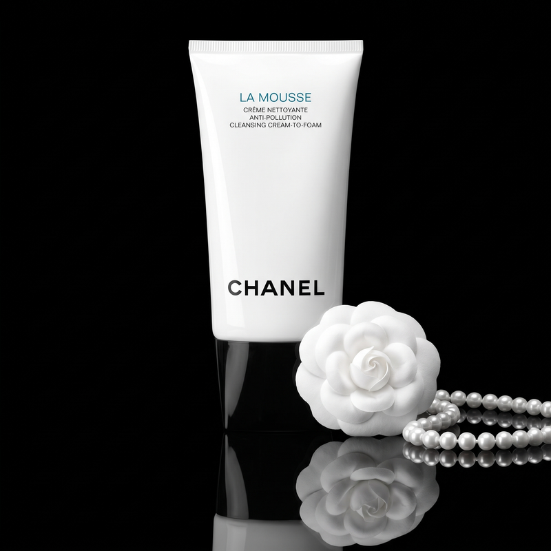Chanel La Mousse Cleansing Cream-to-Foam in black and white with a camellia
