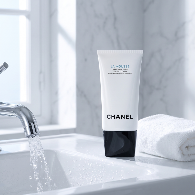 Chanel La Mousse Cleansing Cream-to-Foam at a washbasin for the morning cleanse