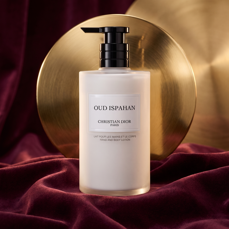 Dior Oud Ispahan Body Lotion on burgundy velvet and gold