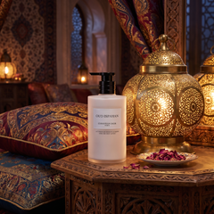 Dior Oud Ispahan Body Lotion on an evening dressing table with a brass lantern
