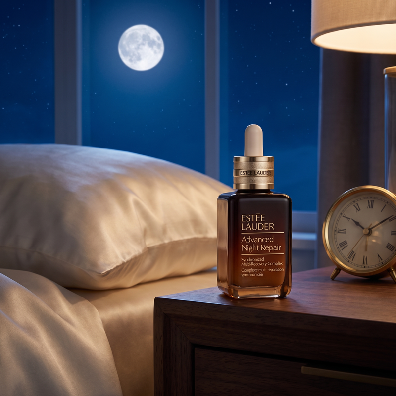 Estee Lauder Advanced Night Repair Serum on a moonlit nightstand for the night routine