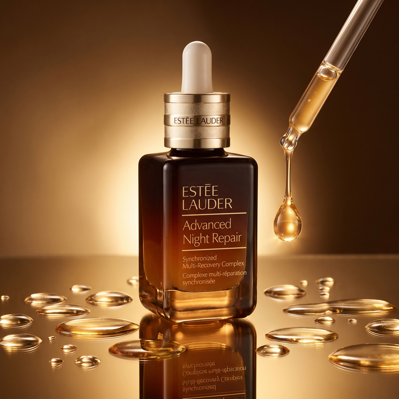 Estee Lauder Advanced Night Repair Serum with golden serum droplets