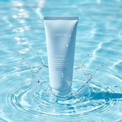 LANEIGE Water Bank Blue Hyaluronic Cleansing Foam in a clear blue water splash