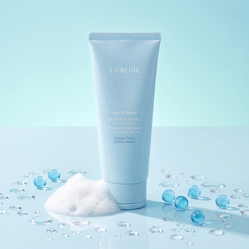 LANEIGE Water Bank Blue Hyaluronic Cleansing Foam with water droplets, foam and hyaluronic gel beads