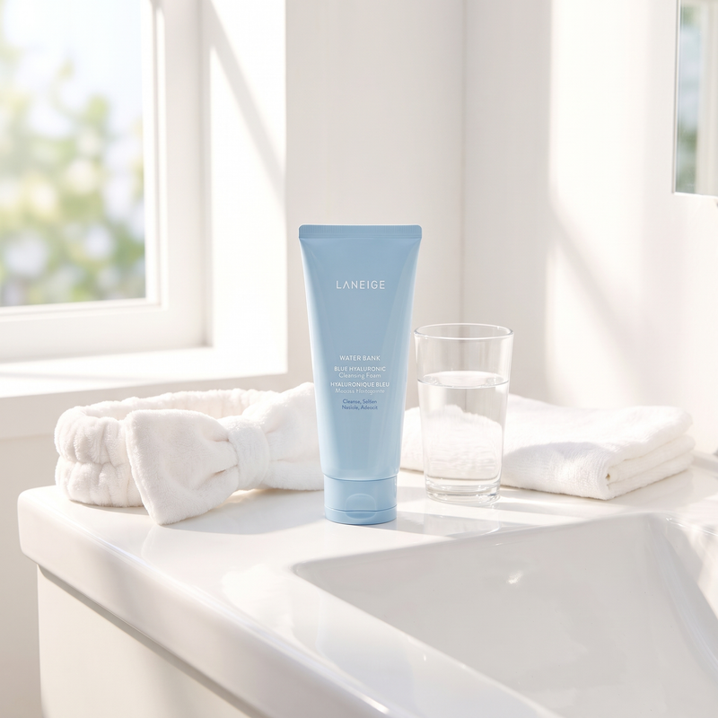 LANEIGE Water Bank Blue Hyaluronic Cleansing Foam by the sink for the morning cleanse
