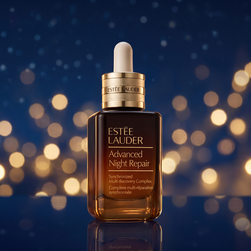 Estee Lauder Advanced Night Repair Serum on navy with starry gold bokeh