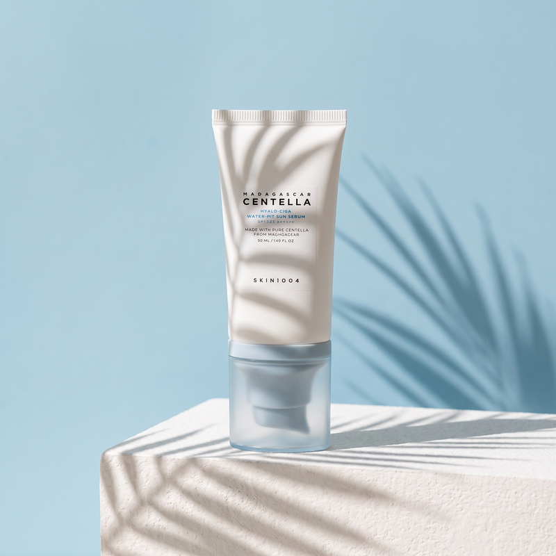 SKIN1004 Centella Hyalu-Cica Sun Serum SPF50+ in summer palm-leaf shadows