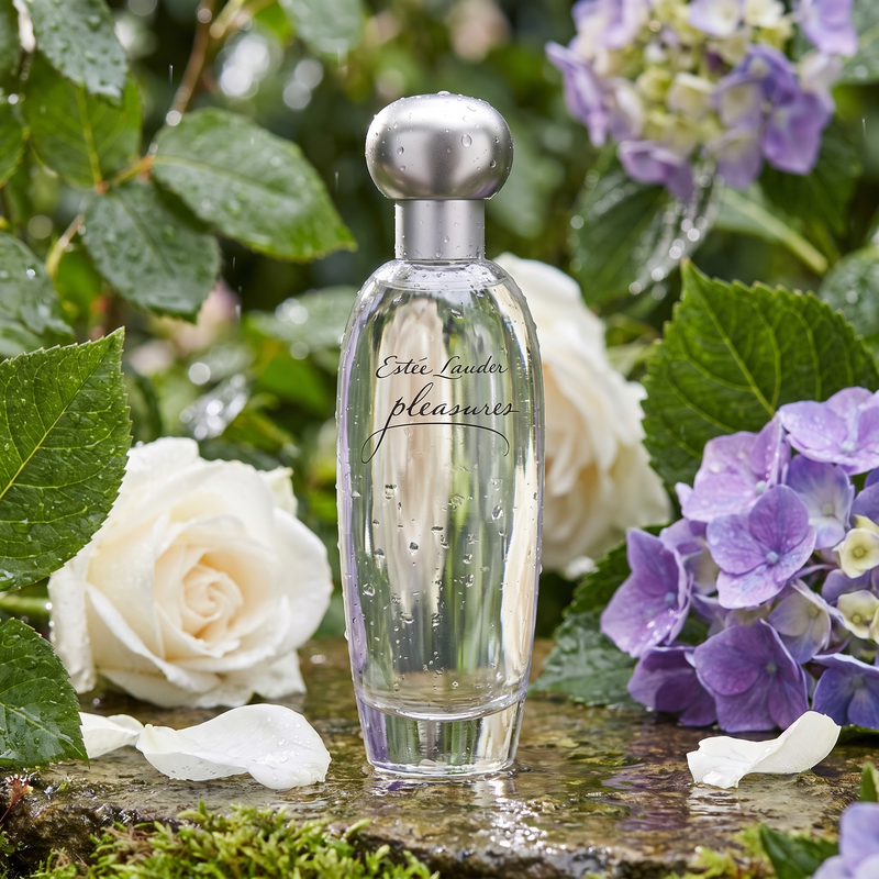 Estee Lauder Pleasures in a garden after rain