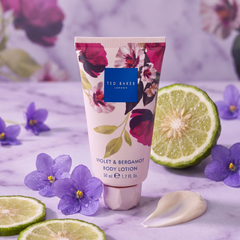 Ted Baker Violet and Bergamot Body Lotion with violets, bergamot and lotion texture